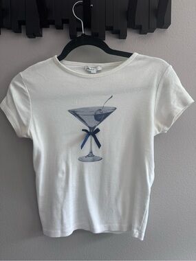 Subdued White Tee with Martini Graphic and Navy Bow Sz. Med